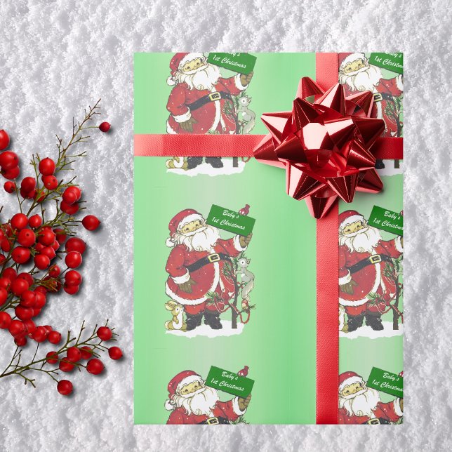 Papel De Presente Primeiros Papais noeis de Natal bonitos (Cute Santa Claus Little animals tree on green Baby's first Chriatmas wrapping paper roll.)
