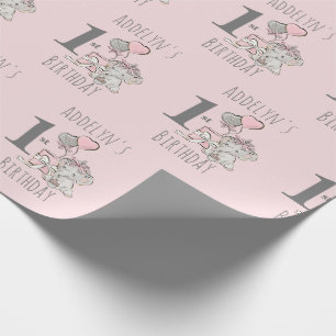 Papel De Presente Princesa Bebê Elefante Menina Rosa 1º Aniversário