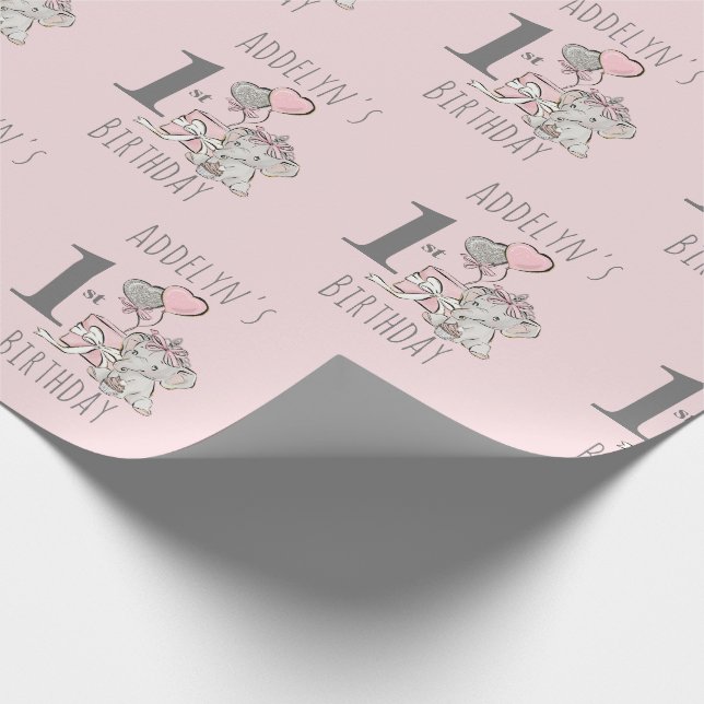 Papel De Presente Princesa Bebê Elefante Menina Rosa 1º Aniversário (Ponta)