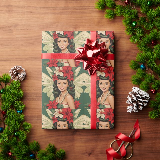 Papel De Presente Princesa do Natal Tropical Retro dos Anos 50 (Presente de Natal)