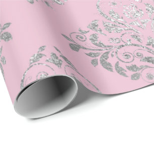 Papel De Presente Princesa Real Rosa Prata Damask Shiny