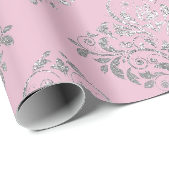 Papel De Presente Princesa Real Rosa Prata Damask Shiny (Ponta do rolo)