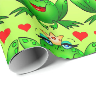 Papel De Presente Princesa Sapo Corações Verde Alegre