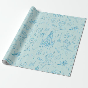 Papel De Presente Princesa Sereia Fantasia Oceânica Azul Padrão Toil