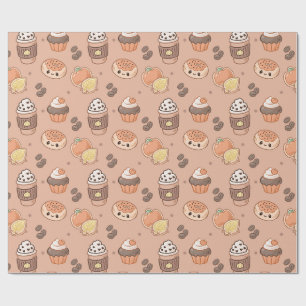 Papel De Presente Produtos Assados de Outono e Padrão Kawaii de Café