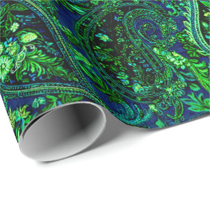 Papel De Presente Profusão Paisley Vibrante Floral Azul Verde