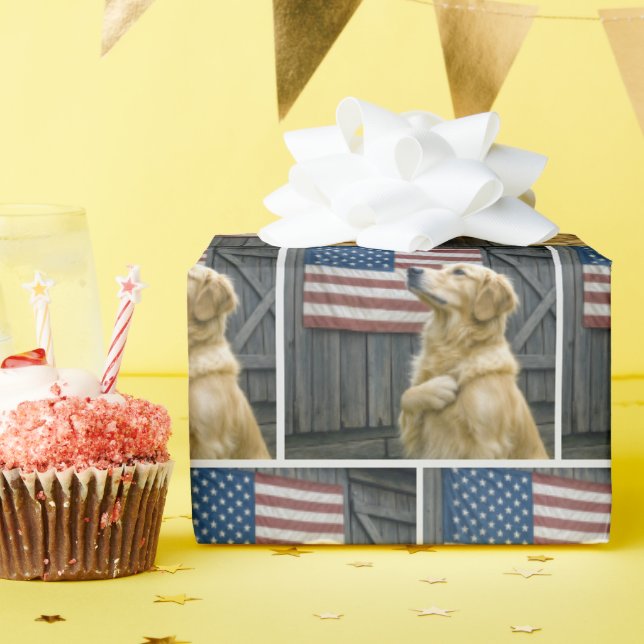 Papel De Presente Proud Golden Retriever With American Flag (Festa de aniversário)