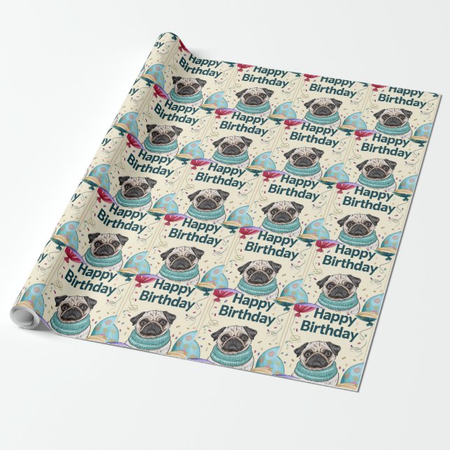 Papel De Presente Pug Birthday (Desenrolado)