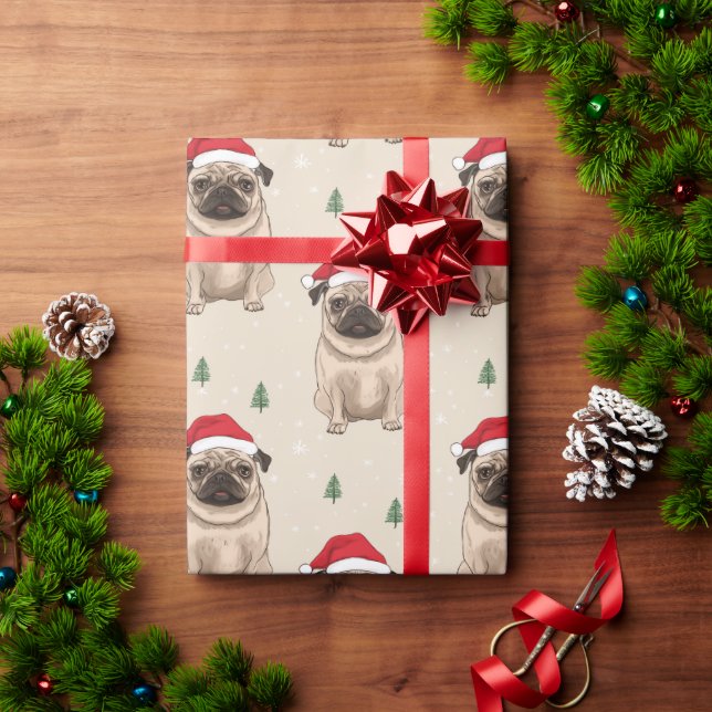 Papel De Presente Pug com chapéu de Papai Noel (Presente de Natal)