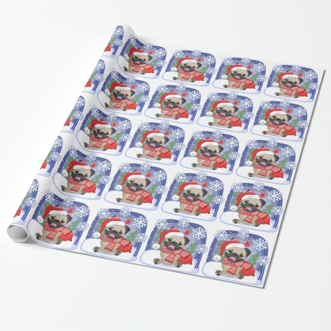 Papel De Presente Pug do inverno da estação do Natal (Desenrolado)