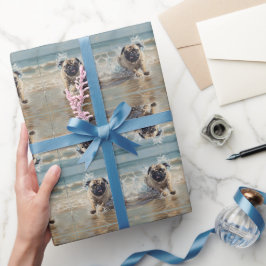 Papel De Presente Pug Feliz na Praia personalizável