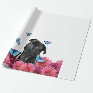 Papel De Presente Pug Gerbera Butterflies Cachorro Negro