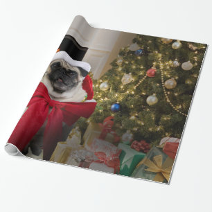 Papel De Presente Pug Misha que veste um arco para o Natal