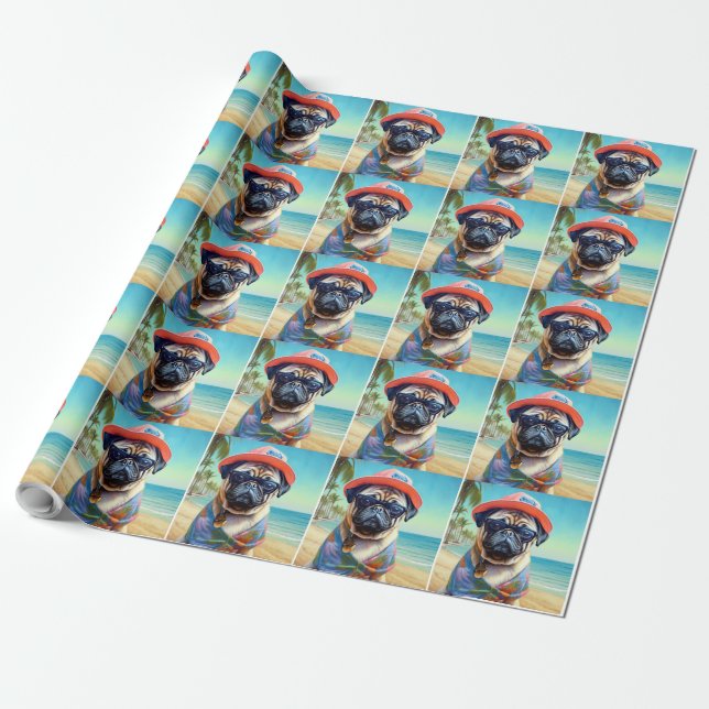 Papel De Presente Pug na Praia, presente de verão para amantes de cã (Desenrolado)