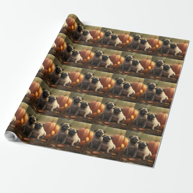 Papel De Presente Pug Puppy Autumn Delight Pumpkin (Desenrolado)