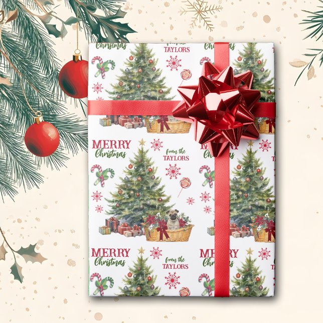 Papel De Presente Pug Puppy Basket Debaixo da árvore (Criador carregado)