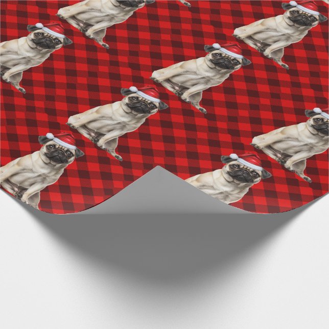Papel De Presente Pug Santa Dog Holiday Red Buffalo Plaid Christmas (Ponta)