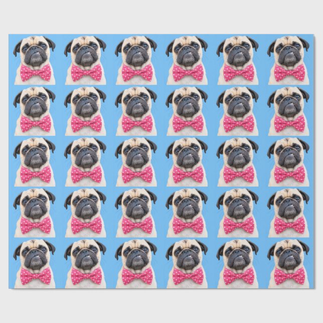 Papel De Presente Pug Usando Laço Rosa (Aberto)