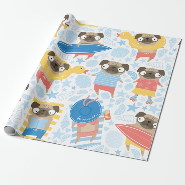 Papel De Presente Pugs bonitos nas férias. padrão com o desenho anim (Desenrolado)