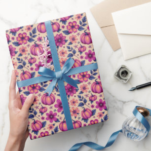 Papel De Presente Pumkins e Flores de outono Padrão Floral