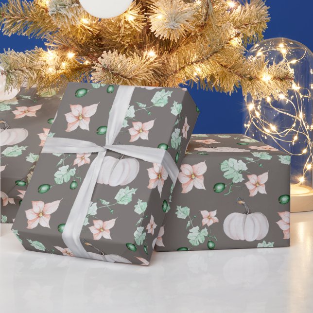 Papel De Presente Pumpkin Branco E Flores Padrão De Arte Por Aquarel (Feriados)