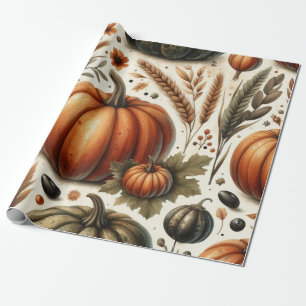 Papel De Presente Pumpkin Cute Watercolor Cai e Ação de Graças de ou