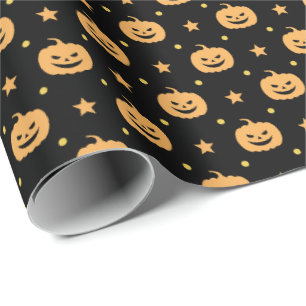 Papel De Presente Pumpkin Face Patterna Black Orange Halloween Party