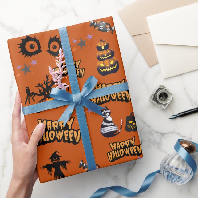 Papel De Presente Pumpkin Gato de Pumpkin assustador de laranja (Presentear)