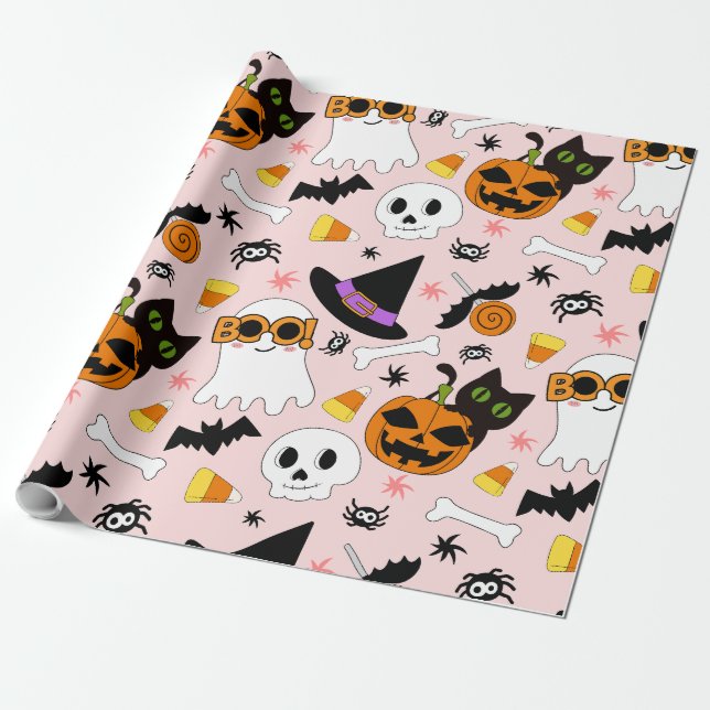 Papel De Presente Pumpkin Ghost Cat Pumpkin, Padrão Invisível do Dia (Desenrolado)