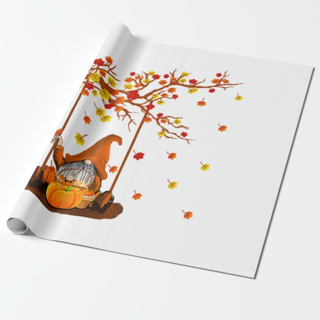 Papel De Presente Pumpkin Gnomes Fall Autumn Leaves, Cute Thanksgivi (Desenrolado)