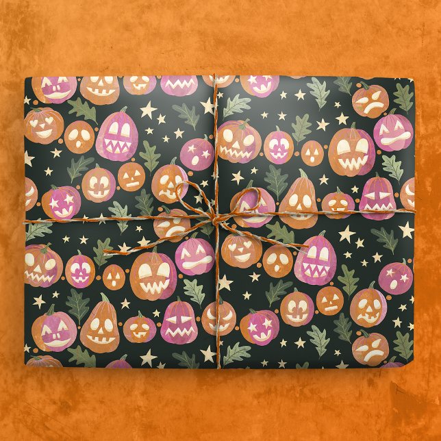 Papel De Presente Pumpkin Jack-o'-lanterna Parade Padrão (Gift Mockup)