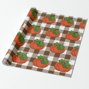 Papel De Presente Pumpkin Laranja no Padrão Marrom Branco Verificado
