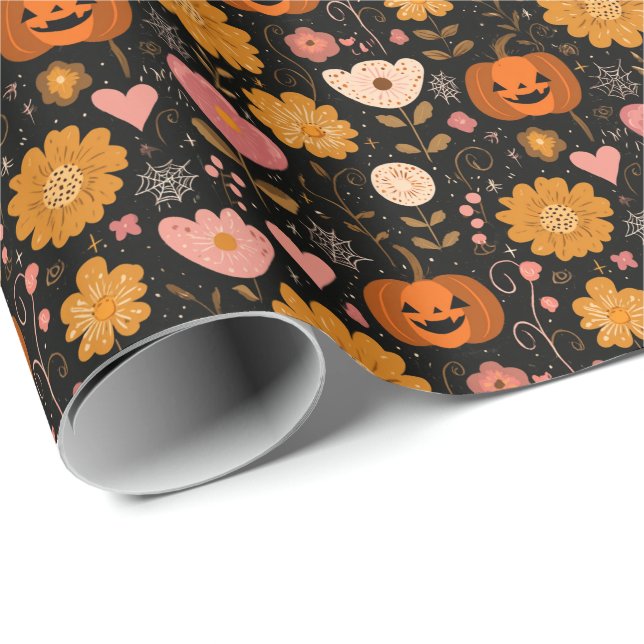 Papel De Presente Pumpkin Love with Hearts and Flowers (Ponta do rolo)