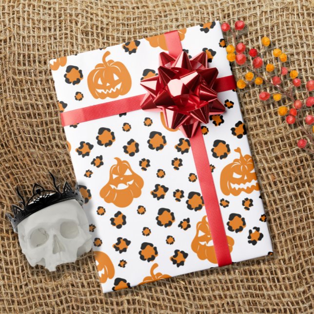 Papel De Presente Pumpkin Padrão de Pumpkin de Leopardo Laranja Hall (Criador carregado)
