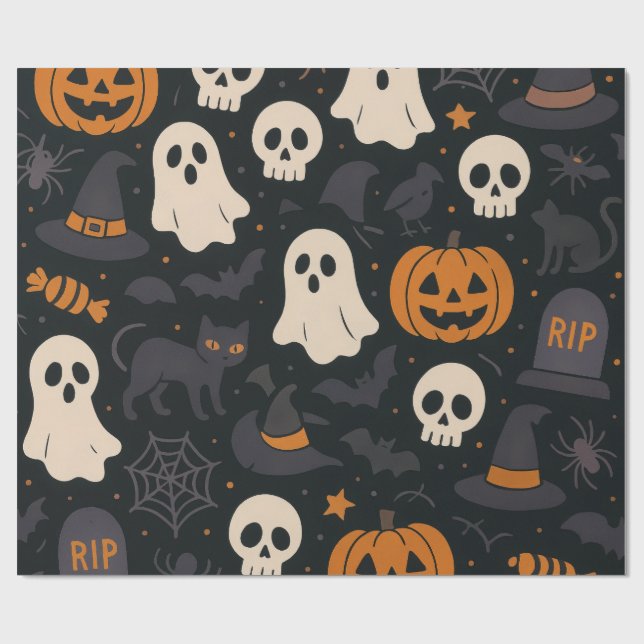 Papel De Presente Pumpkin, RIP, Ghost Pattern Paper Wrapping Paper (Aberto)