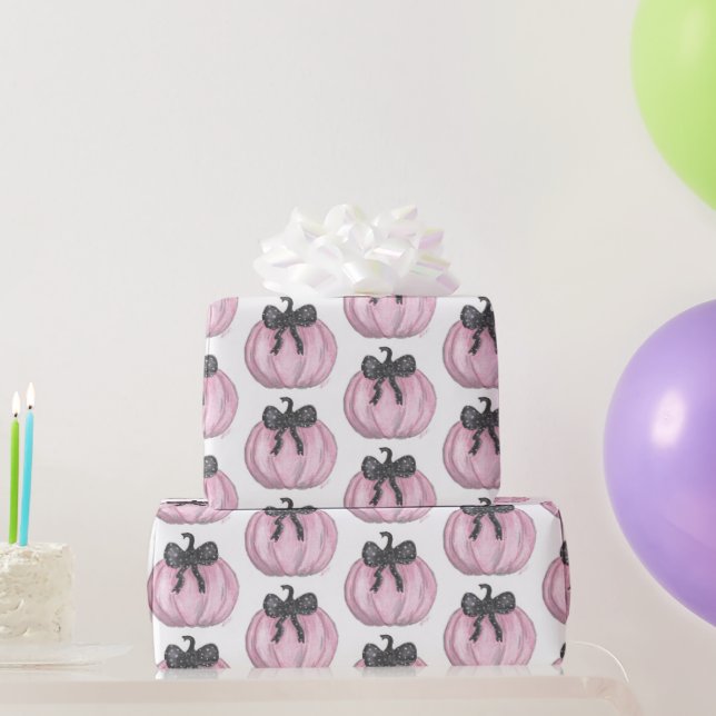 Papel De Presente Pumpkin rosa com arco preto (Presentes para festas)