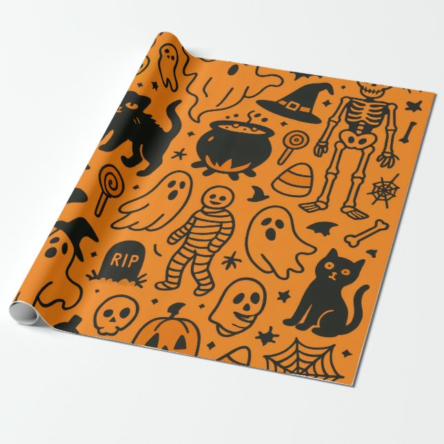 Papel De Presente pumpkin, skull and ghost patterned wrapping paper (Desenrolado)