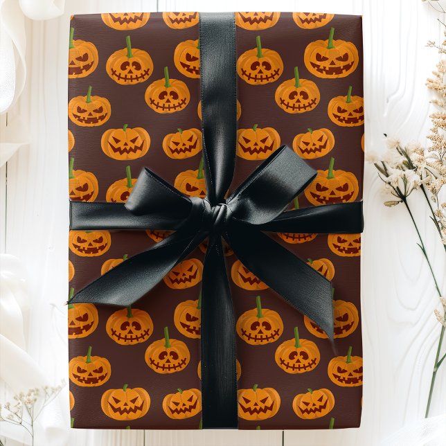 Papel De Presente Pumpkin Spooky Jack O'Lanterns Padrão (Criador carregado)