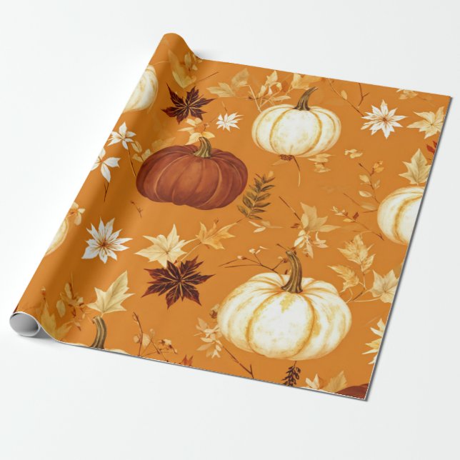 Papel De Presente Pumpkin Watercolor Fall & Autumn Thankiness (Desenrolado)