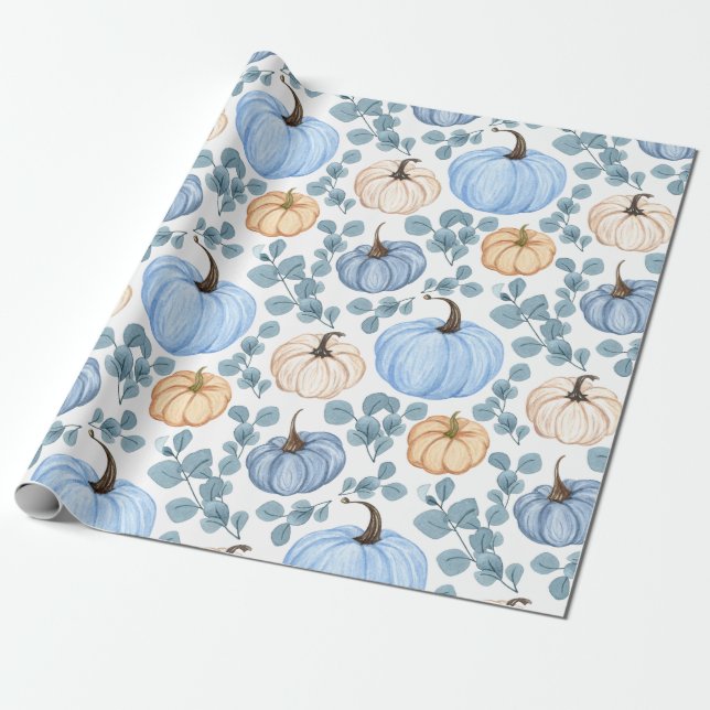 Papel De Presente Pumpkins Azul e Laranja e Folhas de Eucalyptus (Desenrolado)