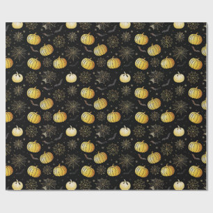 Papel De Presente Pumpkins e Webs Dourados - Padrão de Halloween Inv
