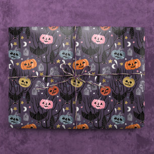 Papel De Presente Pumpkins, Morcegos e Pedras de Túmulo de Halloween