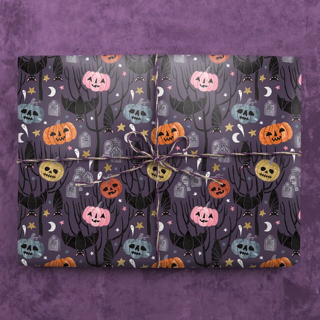 Papel De Presente Pumpkins, Morcegos e Pedras de Túmulo de Halloween (Gift Mockup)