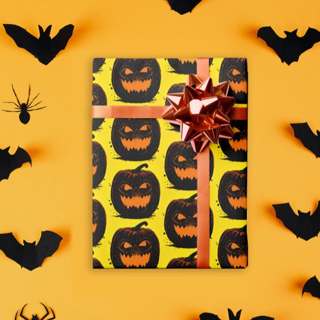Papel De Presente Pumpkins Preto Amarelo Padrão de Halloween (Criador carregado)
