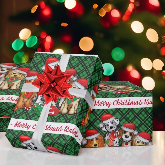 Papel De Presente Puppy Dog Personalizar Nome Xadrez Verde Natal (Criador carregado)