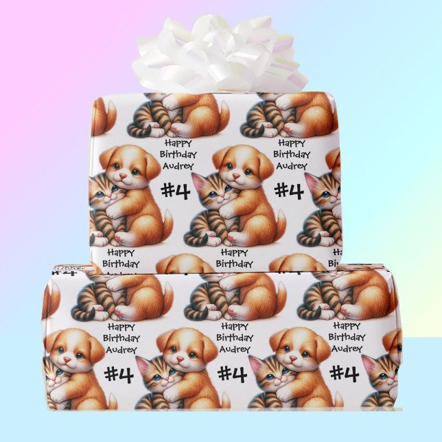 Papel De Presente Puppy & Kitten Hug Adicionar Nome e Idade Feliz An (Criador carregado)