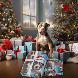 Papel De Presente Pups de pitbull branco e azul de Natal