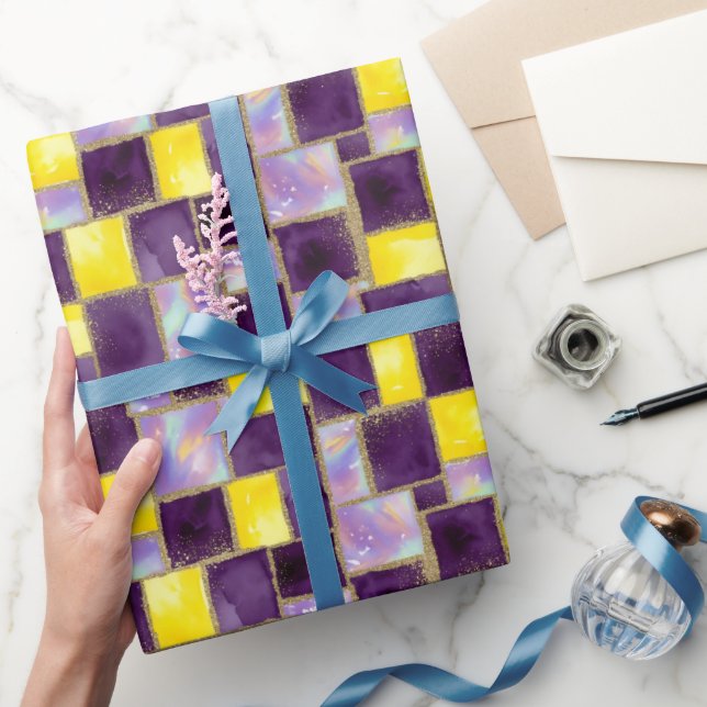 Papel De Presente Purpel e Amarelo | Glitter e Opal modernos (Presentear)
