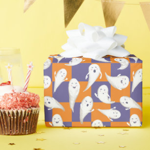 Papel De Presente Purple e Orange Checkerboard fantasma Halloween