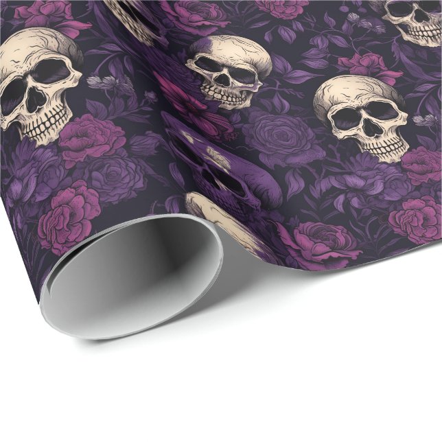 Papel De Presente Purple Floral Gótico Skull Halloween (Ponta do rolo)